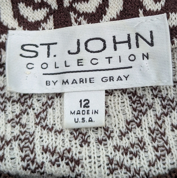 St John Collection Printed Knit Jacket Leather Trim Old Money Quiet Luxury 12 - Picture 2 of 12